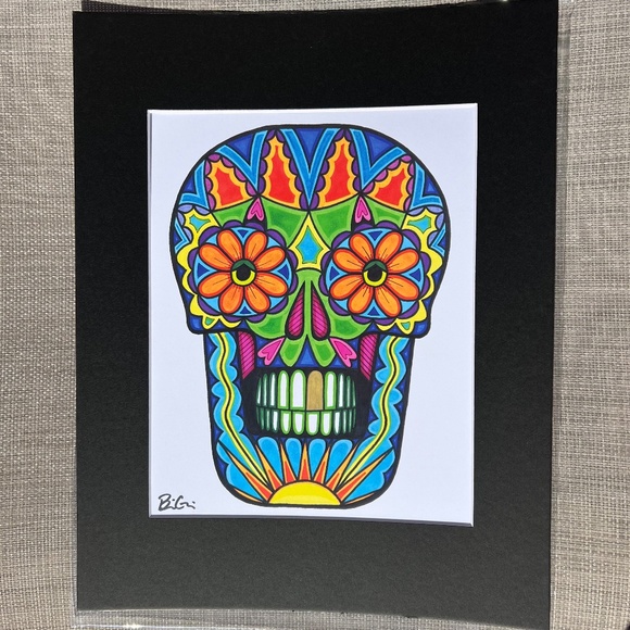Art - Orange Daisy Eyes Skull Matted Print; Rare/few prints available; Frameable - Picture 3 of 6